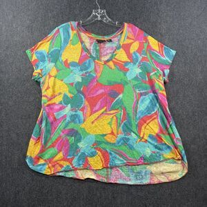 Tahari Top Women’s 1X Blue Green Yellow Floral Linen T-shirt